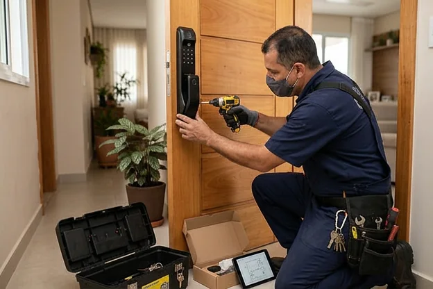 Chaveiro instalando fechadura digital em cenário residencial em Valinhos.
