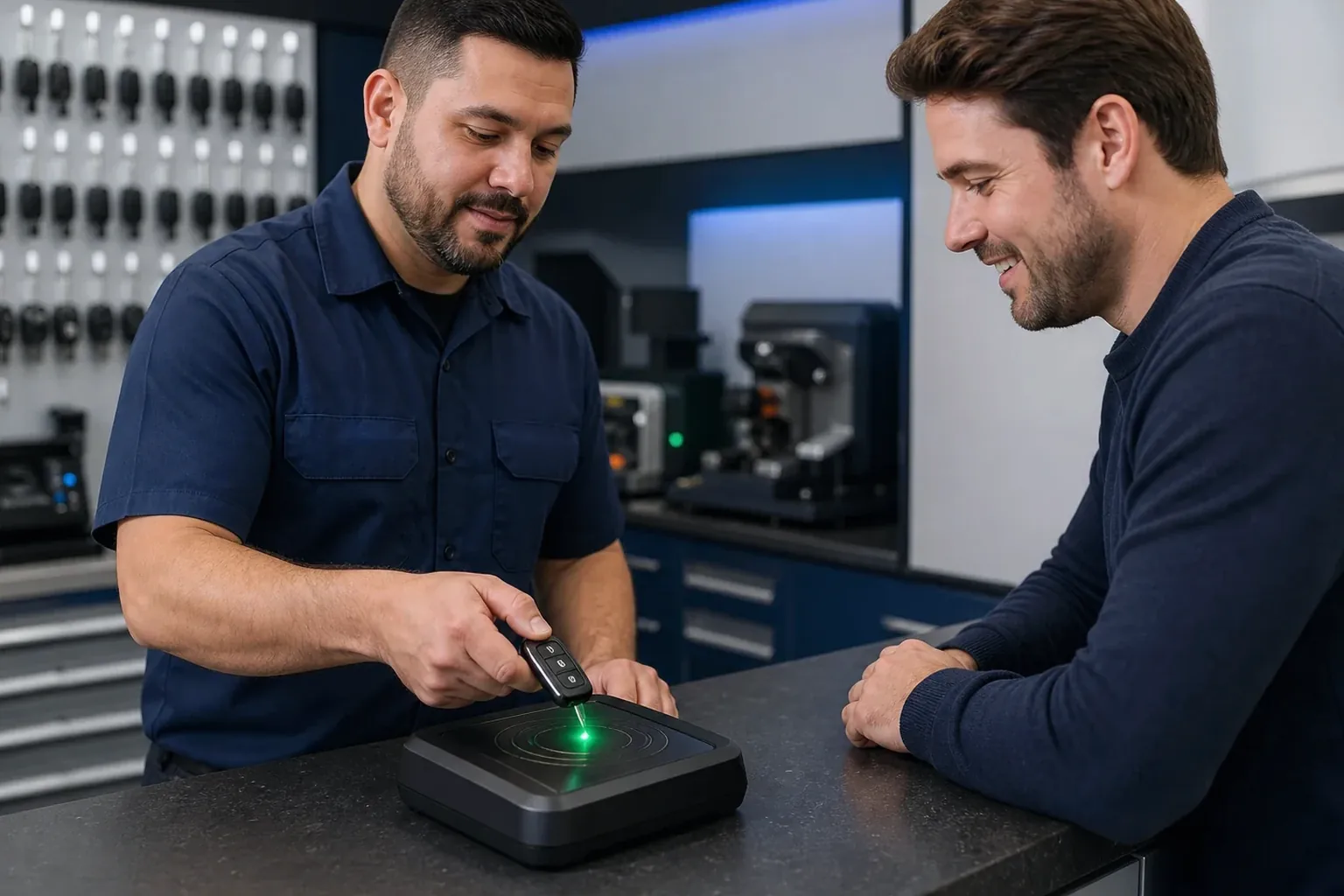Chaveiro programando uma chave eletrônica em Valinhos, com equipamentos modernos.
