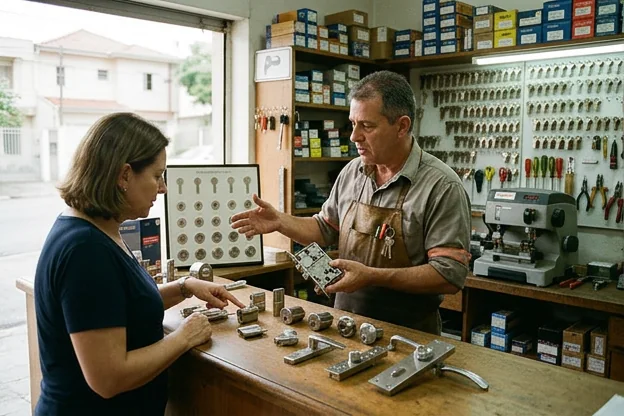 Profissional explicando sobre fechaduras para cliente em Valinhos.